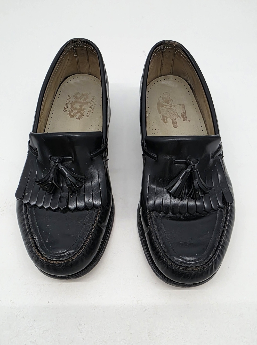 Vintage 80s 90s SAS Tassel Loafer Black Leather Kiltie Men 9W Wide Dress Shoes